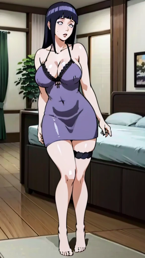 Masterpiece, Best Quality, 1girl, Hinata Hyuga, milf, large breats, purple lingerie, Fishnet shirt, lingerie purple, thick ass, thick legs, erotic lingerie, shiny skin, Home, room, on bed, pose provocative