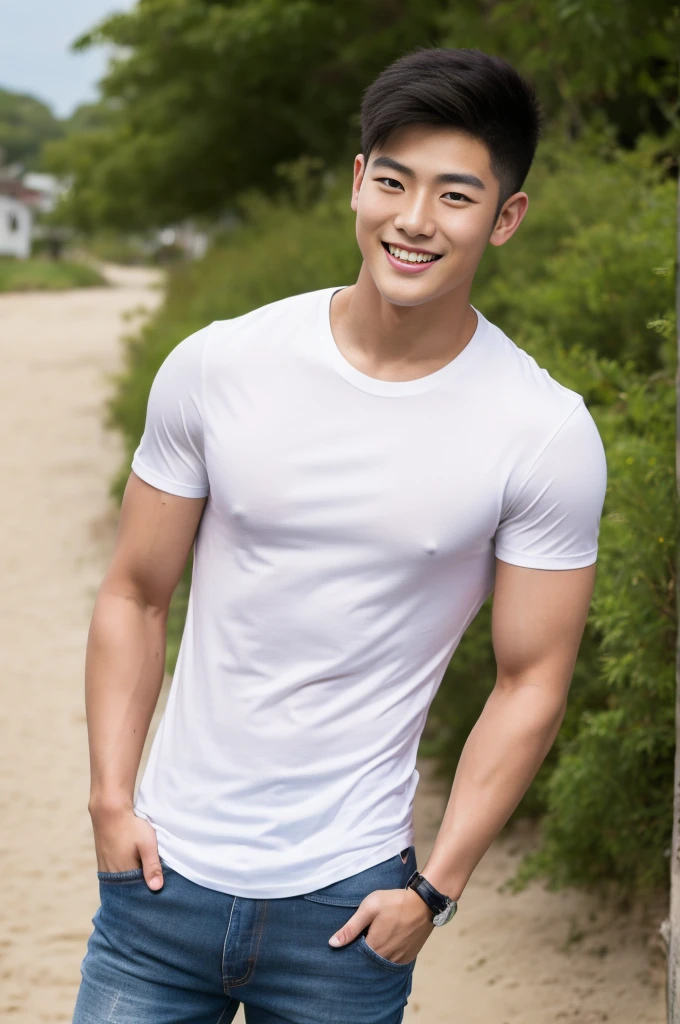 Young Korean man in a white t-shirt and jeans, A handsome, muscular young Asian man looks at the camera. In a simple black and red t-shirt. , Fieldside, grass, beach, sunlight, Carrying a camera, smiling