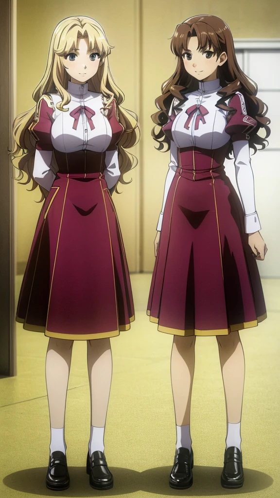 masterpiece, high quality, Multiple girls, organization, Same sisters, Blonde Hair, curls, (brown haired sisters, Blonde sisters, many sisters, Match hairstyle, different hair colors), Hazel eyes, Medium bust, ((Matching Clothing, Uniforms)), Smile, flat_color, Same height, organization pose, Back to back, full body