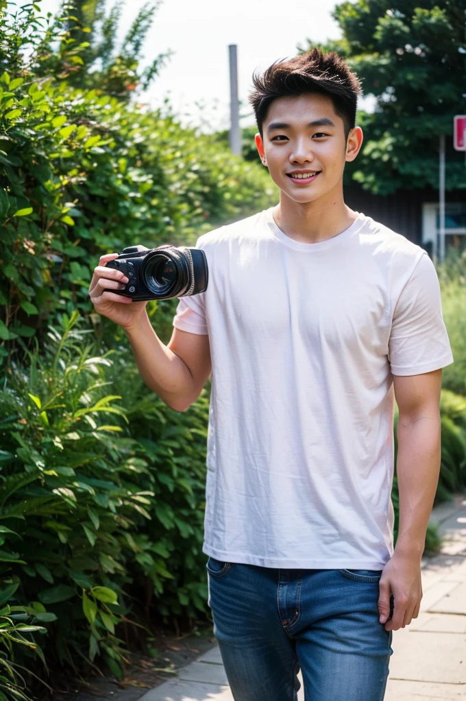 Young Korean man in a white t-shirt and jeans, A handsome, muscular young Asian man looks at the camera. In a simple black and red t-shirt. , Fieldside, grass, beach, sunlight, Carrying a camera, smiling