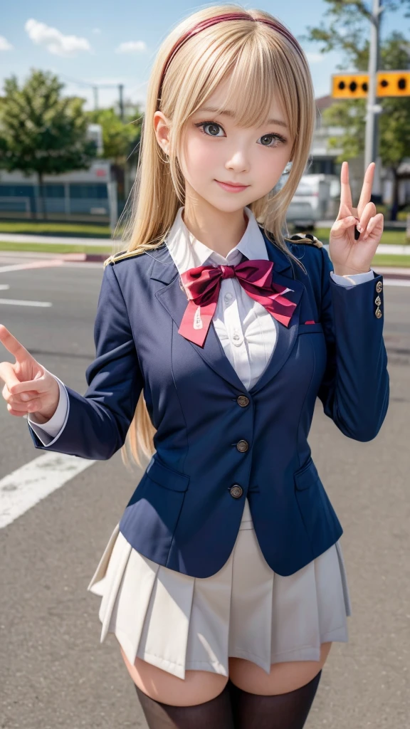 (A girl making a peace sign in front of the road), JK Uniform, beautiful high school girl, 現実的なhigh school girl, Surreal , Nagatoro, Cute girl anime visuals, I also make fan art, Girl in uniform, Smooth body, high school girl, Surreal , seifuku, (Magic school uniform), (Detailed eyes and face:1.3, Professional photography techniques), (Detailed hands:1.2, Beautiful little hands of a girl:1.3), (Beautiful breasts), (Tight waist), Small beautiful butt, ribbon, Brown Hair, Beautiful, silky smooth hair, Cute small face, A captivating smile, (Highest quality, Highest quality, Masterpiece, Highest quality, Ultra-Real), Gaze at the viewer, blush, 