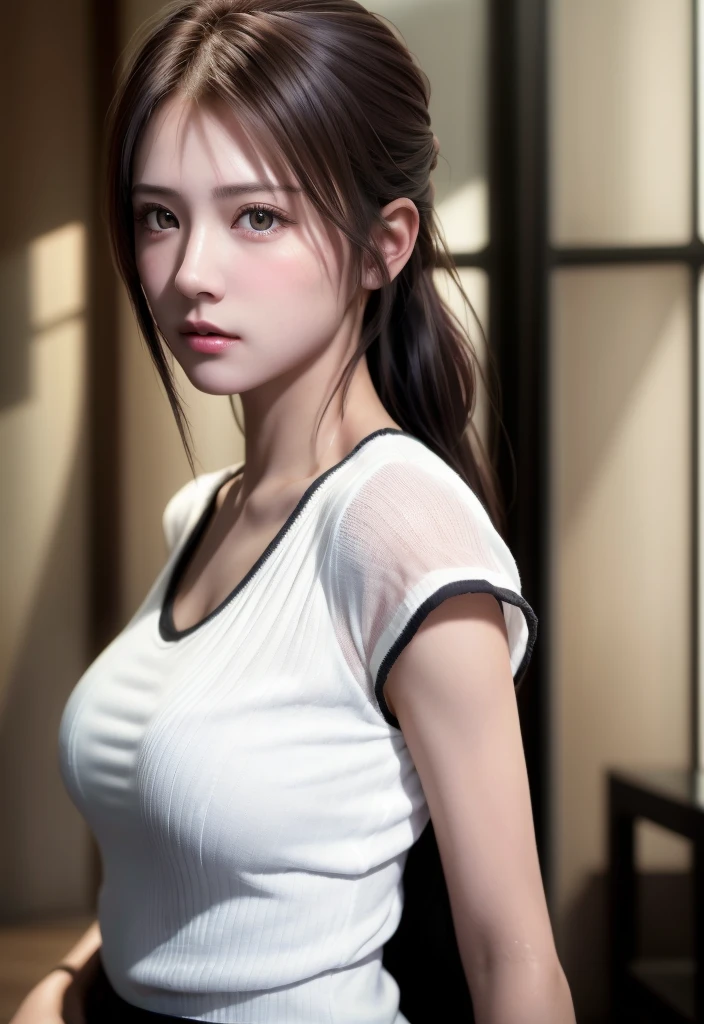 8K, of the highest quality, masutepiece:1.2), (Realistic, Photorealsitic:1.37), of the highest quality, masutepiece, Beautiful young woman, Pensive expression, Sweet look, Sexy white shirt、Hair tied back, Messy mood, Cinematic background, Tired, Light skin tone