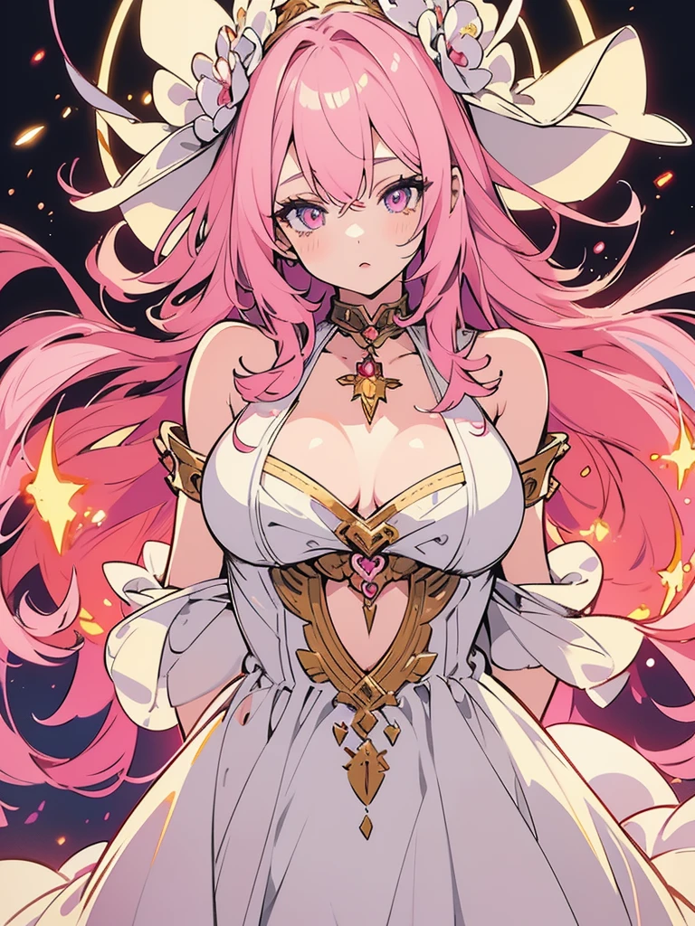Woman facing front, young and beautiful in a pink ensemble, her cute features adorned with hair ornaments that shimmer and sparkle like gems in the light. Dressed in an elegant Anime CG style, her outfit is likely to be profitable, a testament to her goddess-like status. The delicate fabric of her clothing billows gently, revealing a captivating figure. Her smile is radiant, and her long, flowing hair cascades down her back. Her eyes, as large as moons, have black pupils that seem to hold a deep, enchanting mystery. The magic of her world is evident in every detail: the deformation of her body creating an illusion of fluid movement,