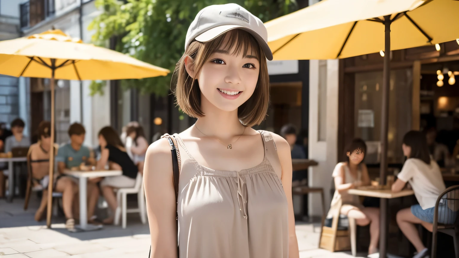 super high quality, Slenderのネックレス, Slender, Gravure photoshoot, The staff is working at the counter in the back., (8K、RAW Photos、Highest quality、masterpiece:1.2), Japanese Idol, Sportswear, Stylish café, The cafe is crowded with people enjoying themselves., (Realistic、Photorealistic:1.37), Mesh Hair, Wearing a cap, Urban Cafe, Golden Ratio, Raw photo, Cute face , Light Brown Hair, Small breasts, Bright cafe interior, Summer clothes, Cafe Terrace, Open Cafe, A kind smile, Hair blowing in the wind, Neat clothes, boyish, Very Short Hair, 18-year-old, younger sister, Stylish clothes,