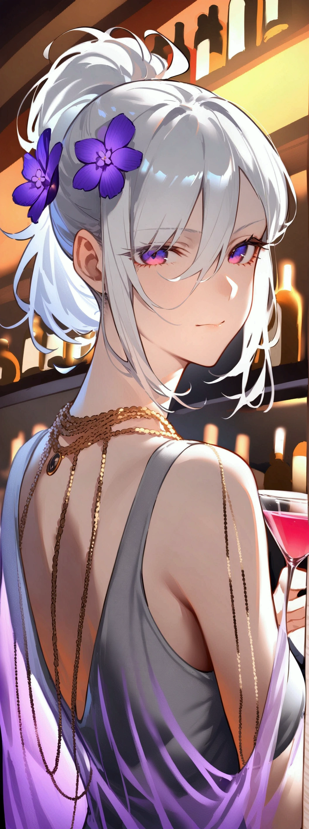 1 female, Stand at the bar, Mature, 31 years old, Silver hair, Short Ponytail, Hair intake, Side lock, Hair between the eyes, Deep purple eyes, She is wearing a grey crew neck shirt，There are short sleeves inside, She also wore a black silk bodycon dress, Finally, a long, It is covered with a light purple transparent shawl, It is open. Tightly closed lips, A faint smile, Slightly tilted hair, For the audience, Cowboy shooting, She holds a cocktail glass，Purple cocktail in glass，The cup is decorated with purple flowers, dark mood, Golden necklace, Clear lining