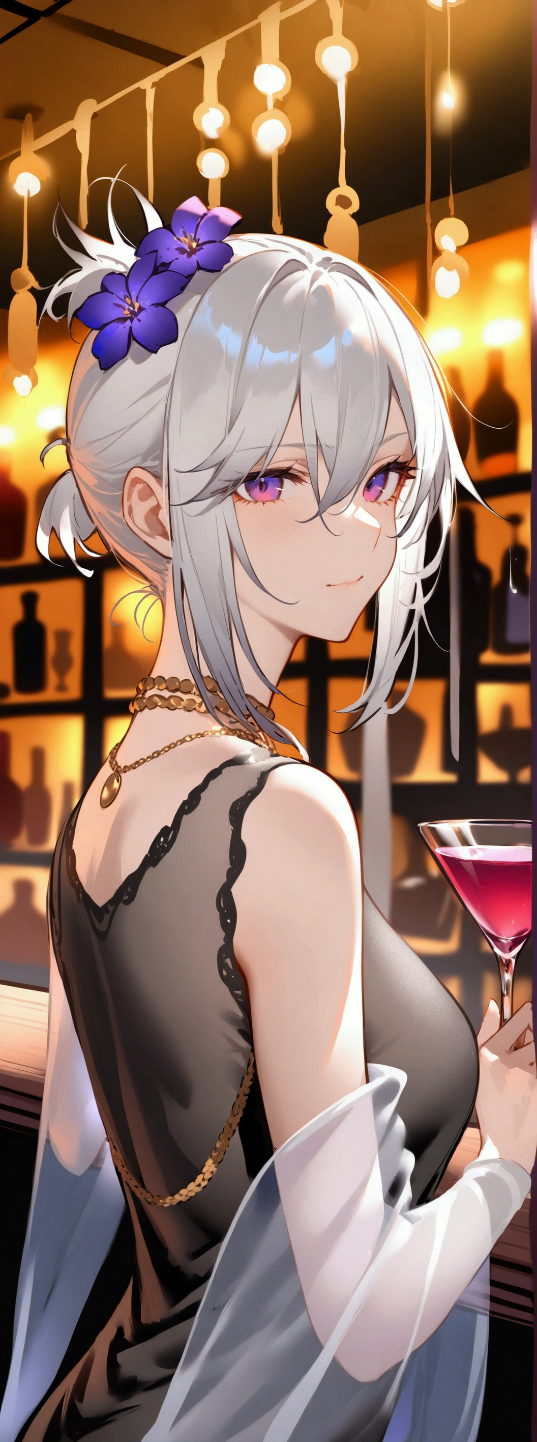 1 female, Stand at the bar, Mature, 31 years old, Silver hair, Short Ponytail, Hair intake, Side lock, Hair between the eyes, Deep purple eyes, She is wearing a grey crew neck shirt，There are short sleeves inside, She also wore a black silk bodycon dress, Finally, a long, It is covered with a light purple transparent shawl, It is open. Tightly closed lips, A faint smile, Slightly tilted hair, For the audience, Cowboy shooting, She holds a cocktail glass，Purple cocktail in glass，The cup is decorated with purple flowers, dark mood, Golden necklace, Clear lining