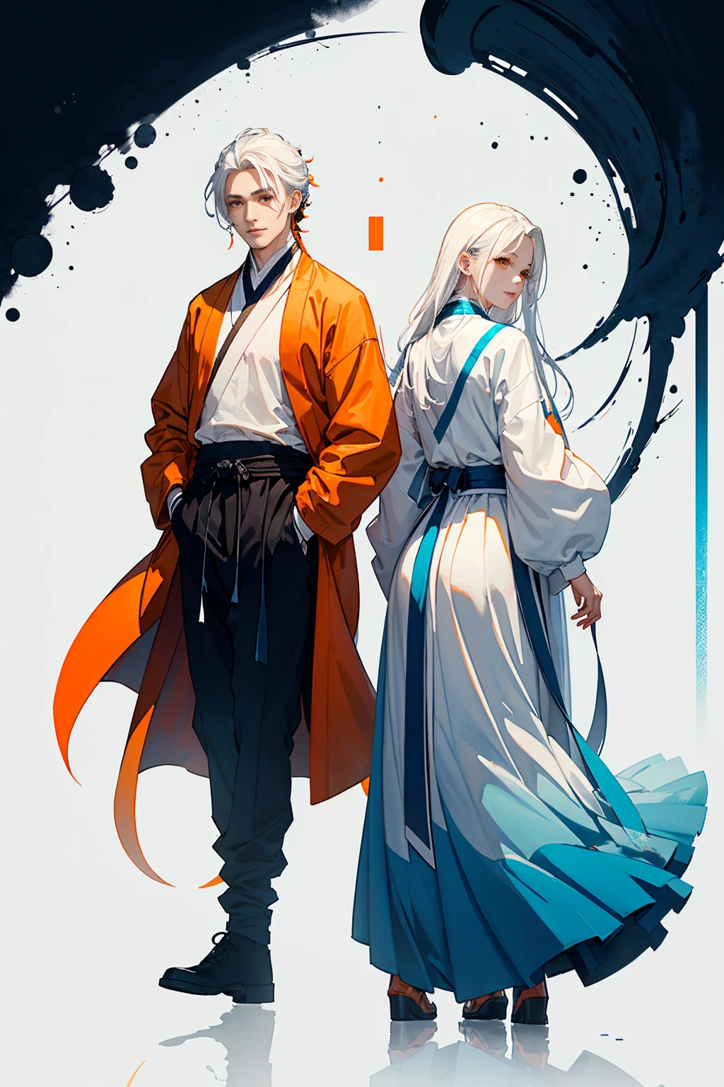 high quality , one white hair girl and one white hair boy, long hair, wuxia character, ((white clothes with blue and orange accent)), ink painting background, flat background, minimalist background, wind pattern background, smiling, standing back to back, white background, cinematic lingting, red eyes