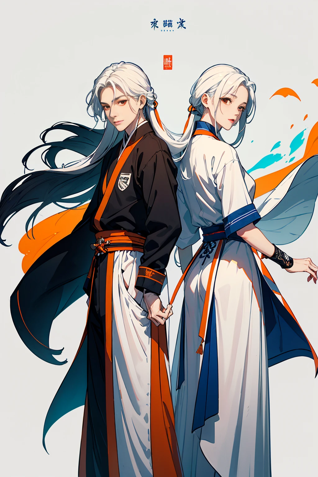 high quality , one white hair girl and one white hair boy, long hair, wuxia character, ((white clothes with blue and orange accent)), ink painting background, flat background, minimalist background, wind pattern background, smiling, standing back to back, white background, cinematic lingting, red eyes
