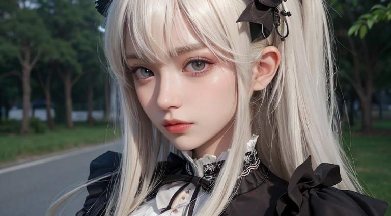 (Long Hair, bangs, Platinum Blonde Hair:1.2),(Wearing Gothic Lolita clothes:1.2),1 girl,Japanese,21 years old,(Small breasts:1.3),(Highest quality,masterpiece:1.3,超A high resolution,),(Ultra-detailed,Caustics),(Photorealistic:1.4,RAW shooting,)Ultra-Realistic Capture,Very detailed,High resolution 16K human skin close-up。 Natural skin texture、,Pores、、It needs to be detailed enough to be easily identifiable。 Skin should be even-toned and healthy looking。 Use natural light and colour, Sad expression, Looking at the camera, Perfect dynamic composition, Outdoor