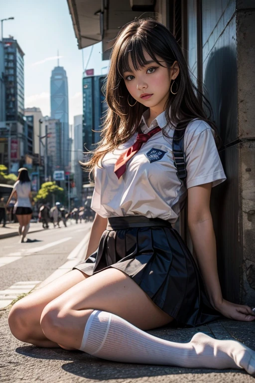 Young girl of blue eyes, age 18, accentuated big breasts under school shirt, hong kong school uniform, sexy school girl uniform with very short school miniskirt and white thong peeking below, and white thigh high socks, earrings, chocker, sitting in the ground, hong kong central background