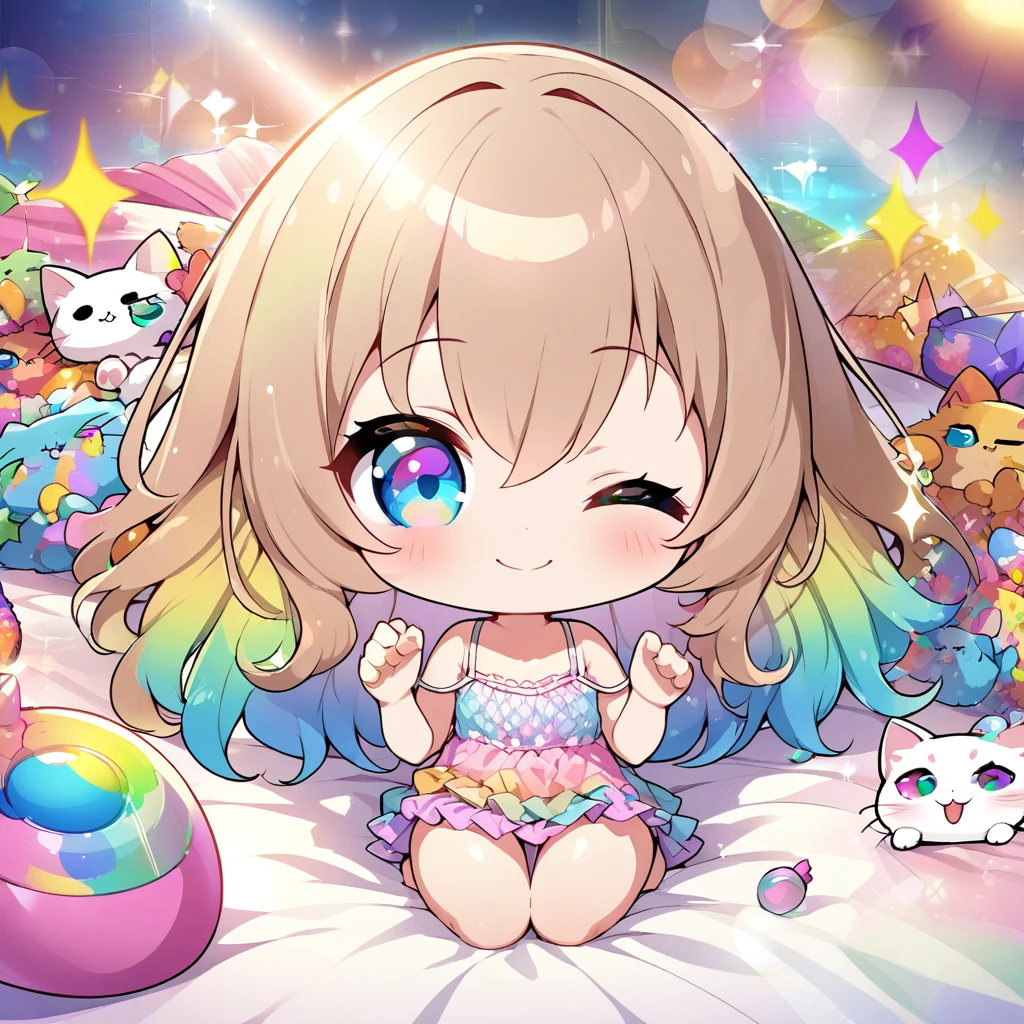 masterpiece, best quality, 4k、2D illustration、one beautiful girl、solo、(((chibi style)))、((vivid colors))、cute chibi、lovely chibi、long beautiful hair, glossy light brown hair, hair between eyes, cute、beautifully detailed eyes、((camisole dress)), ((miniskirt))、((colorful))、((happy smile))、sleeping in bed、((full body shot))、((kitten)), ((lots of colorful stuff around))、((bed))、sparkle、((lens flare))、