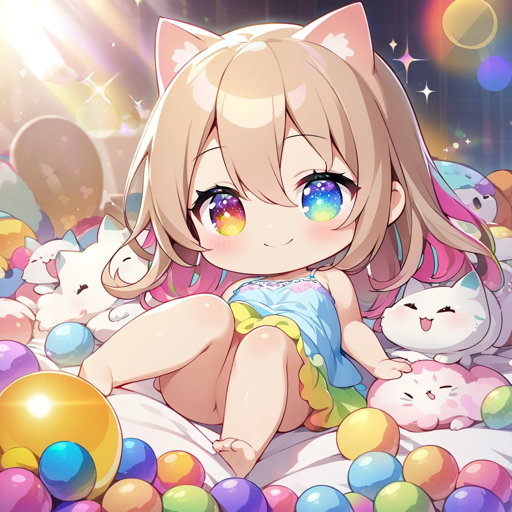 masterpiece, best quality, 4k、2D illustration、one beautiful girl、solo、(((chibi style)))、((vivid colors))、cute chibi、lovely chibi、long beautiful hair, glossy light brown hair, hair between eyes, cute、beautifully detailed eyes、((camisole dress)), ((miniskirt))、((colorful))、((happy smile))、sleeping in bed、((full body shot))、((kitten)), ((lots of colorful stuff around))、((bed))、sparkle、((lens flare))、