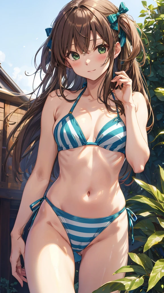 tsukino azusagawa, long hair, bangs, brown hair, (green eyes), green bow, bow, hair bow, two side up,middle breasts,(blue striped bikini:1.3),cameltoe,masterpiece,Noise Reduction,perfect anatomy,high resolution, ultra-detailed,game cg,dutch angle ,beautiful detailed eyes,visualart,five fingers, perfect hands, perfect lighting,