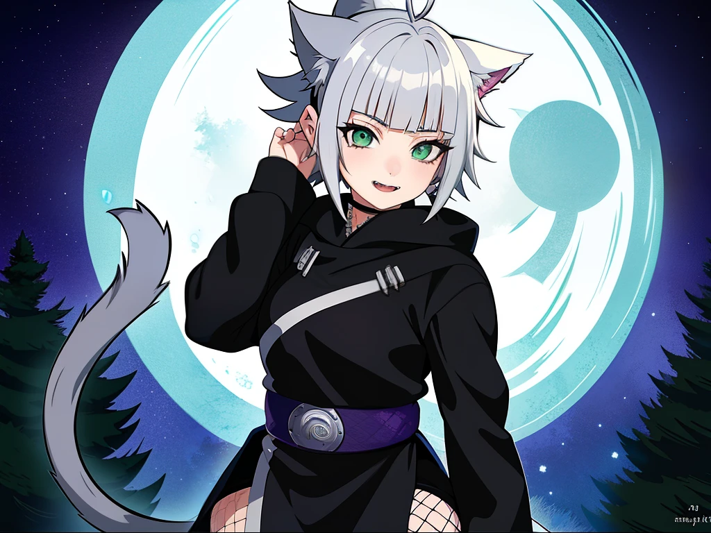 SFW, ultra 4k hd, absurdres, anime, naruto (anime), naruto (art style), white hair, lavender hair, gray hair, silver hair, neko, green eyes, ninja, short hair, chubby, medium breasts, messy hair, gray hair, cat ears, catgirl, nekomimi, cat tail, forehead protector, kunoichi, hair between eyes, silver hair, anime style, fullbody, eye scar, fangs, 1girl, naruto shippuden, solo, baggy clothes, alone, forest, village, 1fang, cloak, fishnets, v bangs, bangs, fluffy, dark clothes, purple clothes, purple clothing, clothing design, ninja fashion, light eyes, scar over eye, light green eyes, scars, hood, hood down, hood off, ((best quality:1), (masterpiece:1), (ultra-detailed:1):1.3), cinematic lighting, detailed background, detailed, absurd detail, ahoge, half updo, chubby cheeks, (detailed background), pose, ((fishnets)), (ninja)