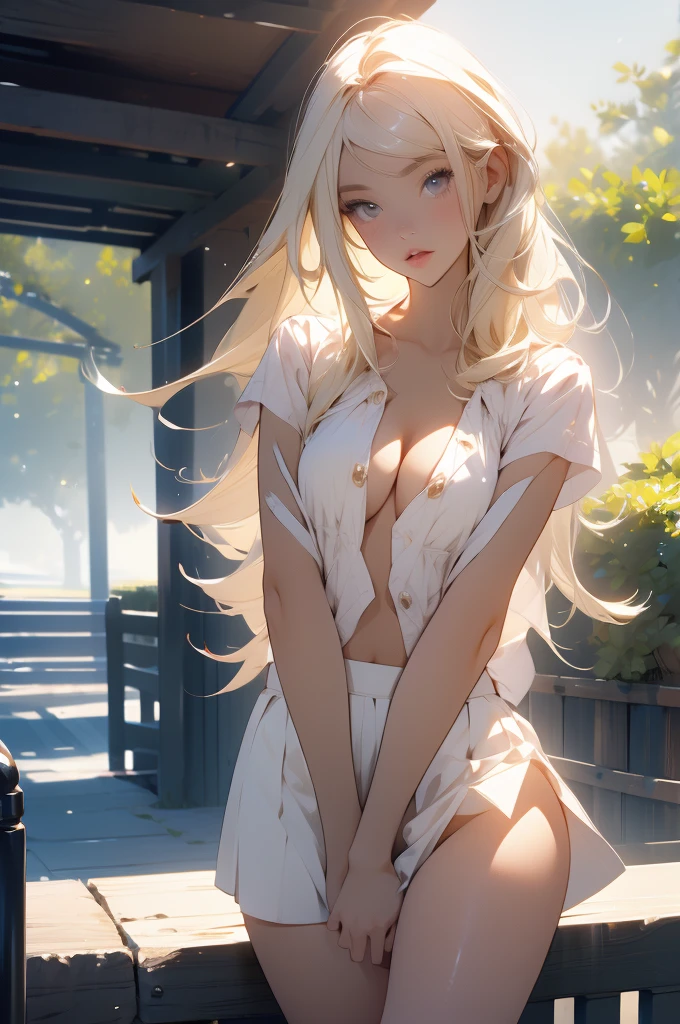 Pure white shirt,Blonde long hair,Small Bust,Cleavage,mini skirt,White panties