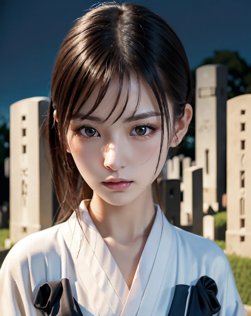(Highest quality, 32k, High resolution, Masterpiece:1.5), marimo_jet, World of Darkness, A terrifying photograph, Horror, Evoking eerie silence and elusive beauty, Expressing emotions, Have a rich imagination, Beautiful Japanese Girls, An exceptionally beautiful face, Small Face Beauty, , Perfect Human Anatomy, Magical big eyes, I endure the sadness, Fleeting Expression, Black Hair, Neat, super long, straight silk hair, Asymmetrical bangs, Hair between the eyes, Unhealthy pale skin, Sharp eyebrows, Thin lashes, ((White kimono:1.4)), Slim figure with ample breasts, ((Japanese Cemetery:1.5)), ((midnight:1.5)), Professional photographer, Professional models