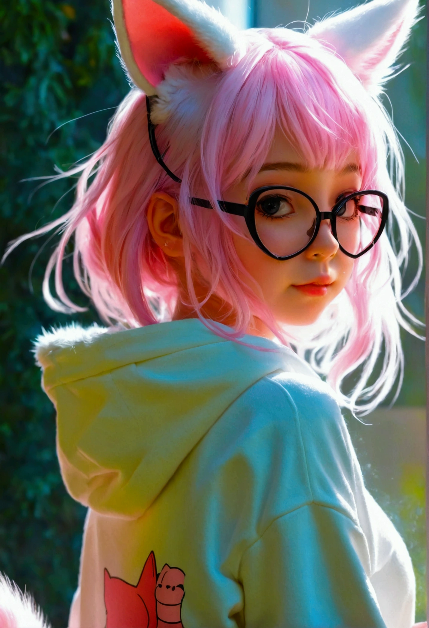 I have white pink hair, cat ears, a bun, my face is super blushing, black glasses, pink heart eyes, a large pink sweatshirt, black butt shorts, black stockings, white shoes, a cat's tail, a very shy girl is this touching rear stand