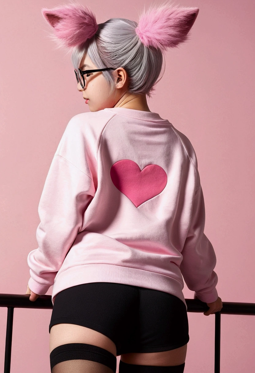I have white pink hair, cat ears, a bun, my face is super blushing, black glasses, pink heart eyes, a large pink sweatshirt, black butt shorts, black stockings, white shoes, a cat's tail, a very shy girl is this touching rear stand