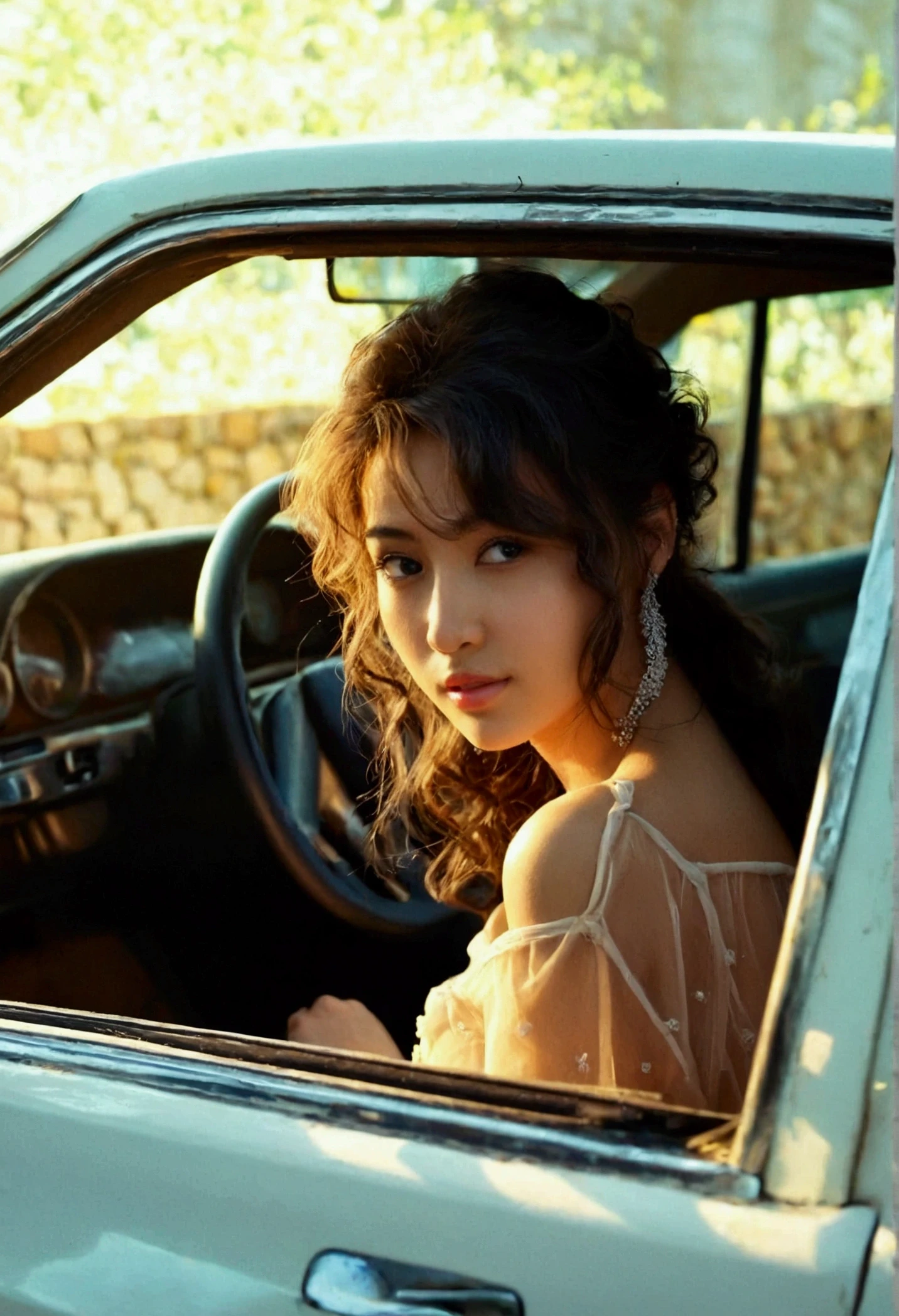 a beautiful girl, age 25, wear a short drees, sat inside a car that ther door of the car where she sit opened the door, and she gave a glorious pose which is attractive, detailed skin, realistic skin, nice wavy hair that her hair loose oped on her one side shoulder, sat in a white colored car.