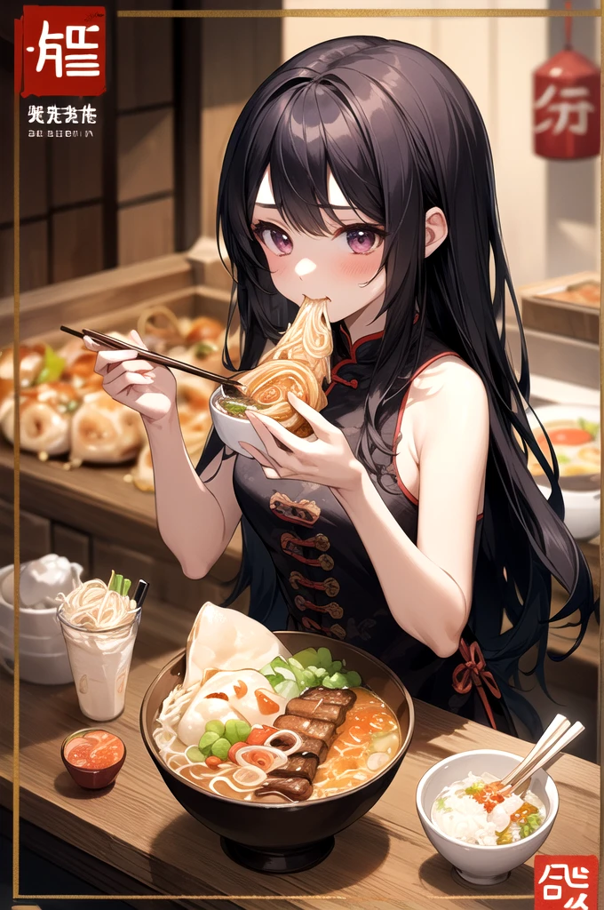 high resolution、Girl eating delicious food。ramen、dumpling、Chinese food such as fried rice。Girls are cute!