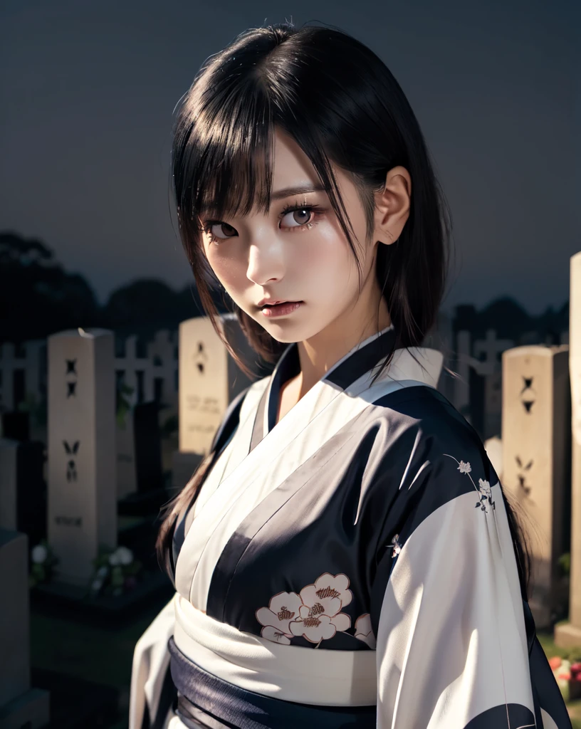 (Highest quality, 32k, High resolution, Masterpiece:1.5), marimo_jet, World of Darkness, A terrifying photograph, Horror, Evoking eerie silence and elusive beauty, Expressing emotions, Have a rich imagination, Beautiful Japanese Girls, An exceptionally beautiful face, Small Face Beauty, , Perfect Human ???????, Magical big eyes, I endure the sadness, Fleeting Expression, Black Hair, Neat, super long, straight silk hair, Asymmetrical bangs, Hair between the eyes, Unhealthy pale skin, Sharp eyebrows, Thin lashes, ((White kimono:1.4)), Slim figure with ample breasts, ((Japanese Cemetery:1.5)), ((midnight:1.8)), Professional photographer, Professional models