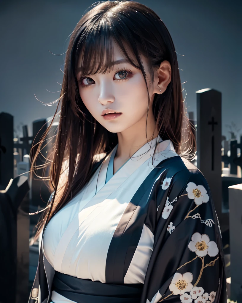 (Highest quality, 32k, High resolution, Masterpiece:1.5), marimo_jet, World of Darkness, A terrifying photograph, Horror, Evoking eerie silence and elusive beauty, Expressing emotions, Have a rich imagination, Beautiful Japanese Girls, An exceptionally beautiful face, Small Face Beauty, , Perfect Human Anatomy, Magical big eyes, Fleeting Expression, Black Hair, Neat, super long, straight silk hair, Asymmetrical bangs, Hair between the eyes, Unhealthy pale skin, Sharp eyebrows, Thin lashes, ((White kimono:1.43)), Slim figure with ample breasts, ((Japanese Cemetery:1.5)), ((Midnight Darkness:1.5)), Professional photographer, Professional models