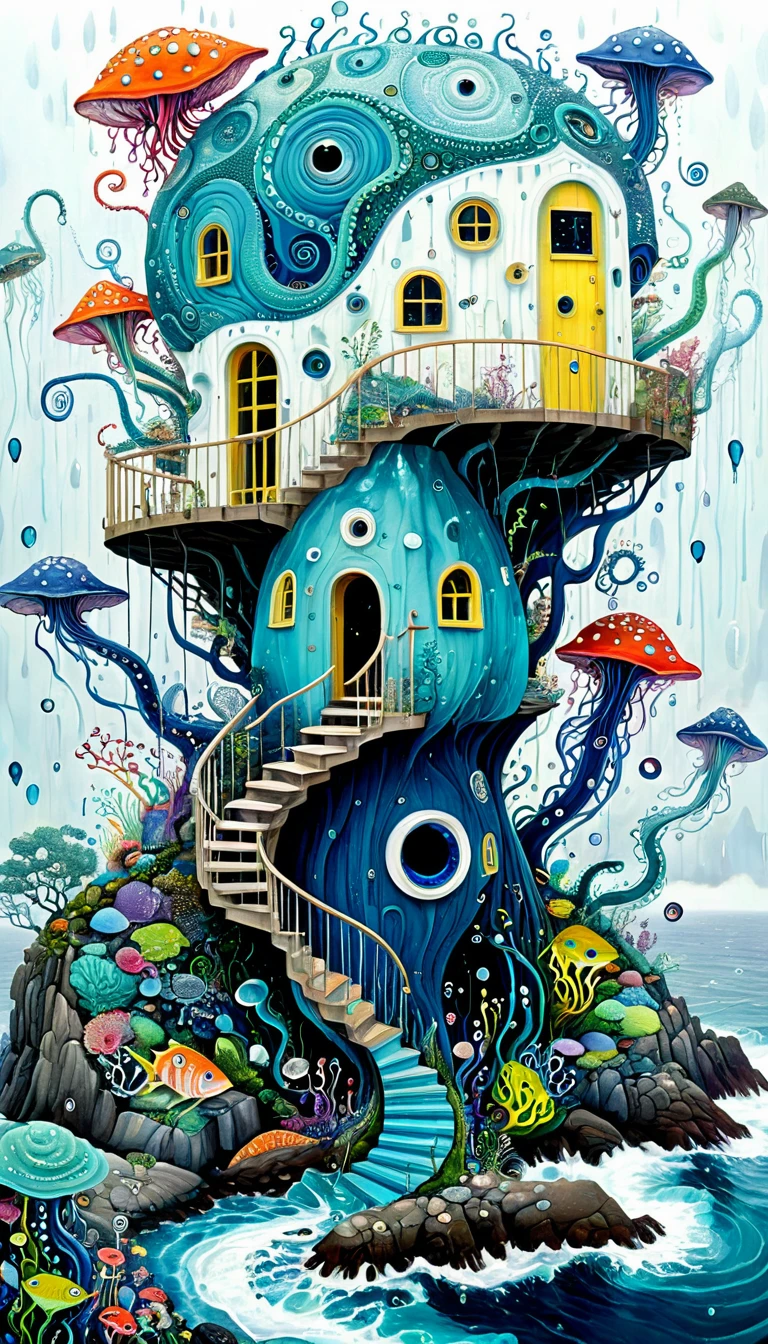 "Dick Ellescas Artist Style",cabin on cliff,Tentacles瀑布,fish,Tentacles,bird、Eye、rain、autistic patient、diatom,Spiral Staircase,Stitching together an abstract painting,Describing the inner world of autistic people,Sense of space,White Space,interesting,Innocence,Psychedelic Art,Blue Theme