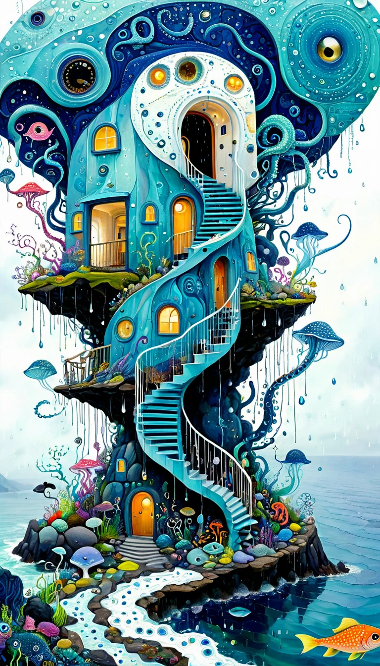 &quot;Dick Ellescas Artist Style&quot;,cabin on cliff，Tentacles瀑布，fish，Tentacles，bird、Eye、eyeball、diatom，Spiral Staircase，Stitching together an abstract painting，Describing the inner world of autistic people，Sense of space，White Space，interesting，Innocence，Psychedelic Art，Blue Theme
