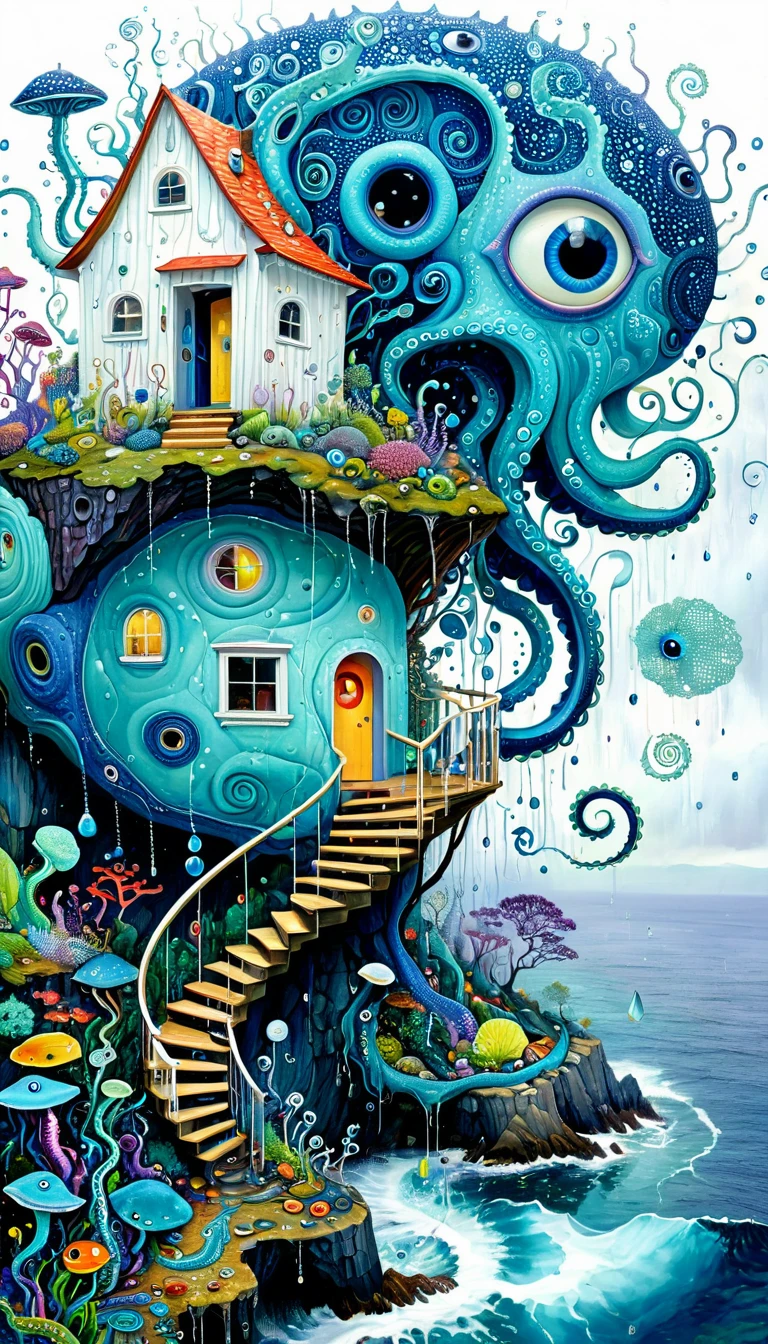 &quot;Dick Ellescas Artist Style&quot;,cabin on cliff，Tentacles瀑布，fish，Tentacles，bird、Eye、eyeball、diatom，Spiral Staircase，Stitching together an abstract painting，Describing the inner world of autistic people，Sense of space，White Space，interesting，Innocence，Psychedelic Art，Blue Theme