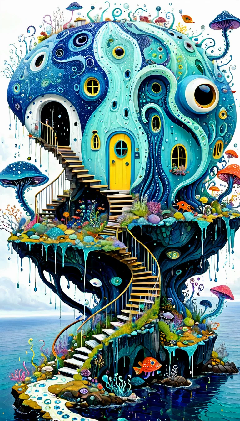 &quot;Dick Ellescas Artist Style&quot;,cabin on cliff，Tentacles瀑布，fish，Tentacles，bird、Eye、eyeball、diatom，Spiral Staircase，Stitching together an abstract painting，Describing the inner world of autistic people，Sense of space，White Space，interesting，Innocence，Psychedelic Art，Blue Theme