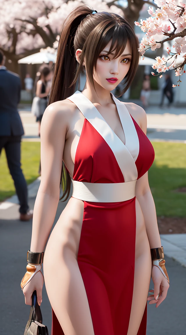 whole body、Mai Shiranui、Brown eyes、Long Hair、Brown Hair、White ribbon、No sleeve、ponytail、Sash、Pelvic Curtain、Arm guard、gloves、tabi、((Under the cherry tree、Cherry blossoms are falling))、(8K +Ultra-high resolution+Ultra high definition+masterpiece+Very detailed+Awards+Awards歴))、(Perfect Face+Supermodel+Delicate skin+高いponytail+Big Breasts+Perfect hands+Beautiful Hands+Perfect hands+Beautiful Hands+Perfect hands指+Perfect l[muscle]]],((((Anatomically correct))),The image is very sharp、The details are meticulously designed.、High quality;Clever and light handling、Creates a dramatic atmosphere;Master of brushwork,Impeccable professionalism,Memorable works of art。
