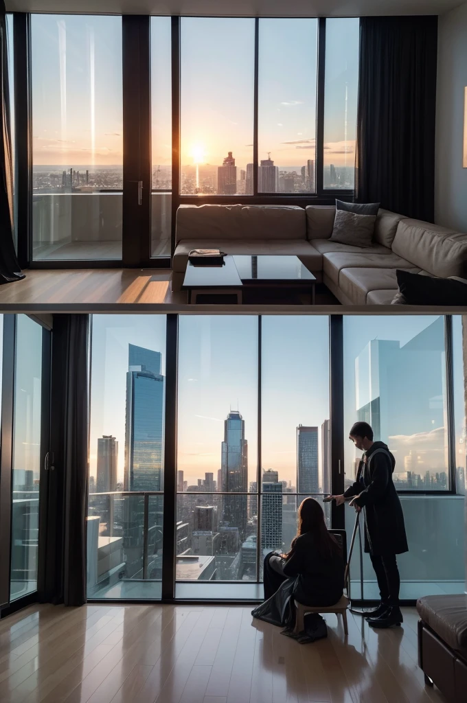 Urban residential interiors in the future high-tech world，The novel interior space is tall and bright，The furniture with a sci-fi design is complete and perfect，The living room is surrounded by tall floor-to-ceiling windows.，Outside the window, there are tall buildings in the future city，light show，A young couple sitting by the window watching the sunset，A human figure doing housework