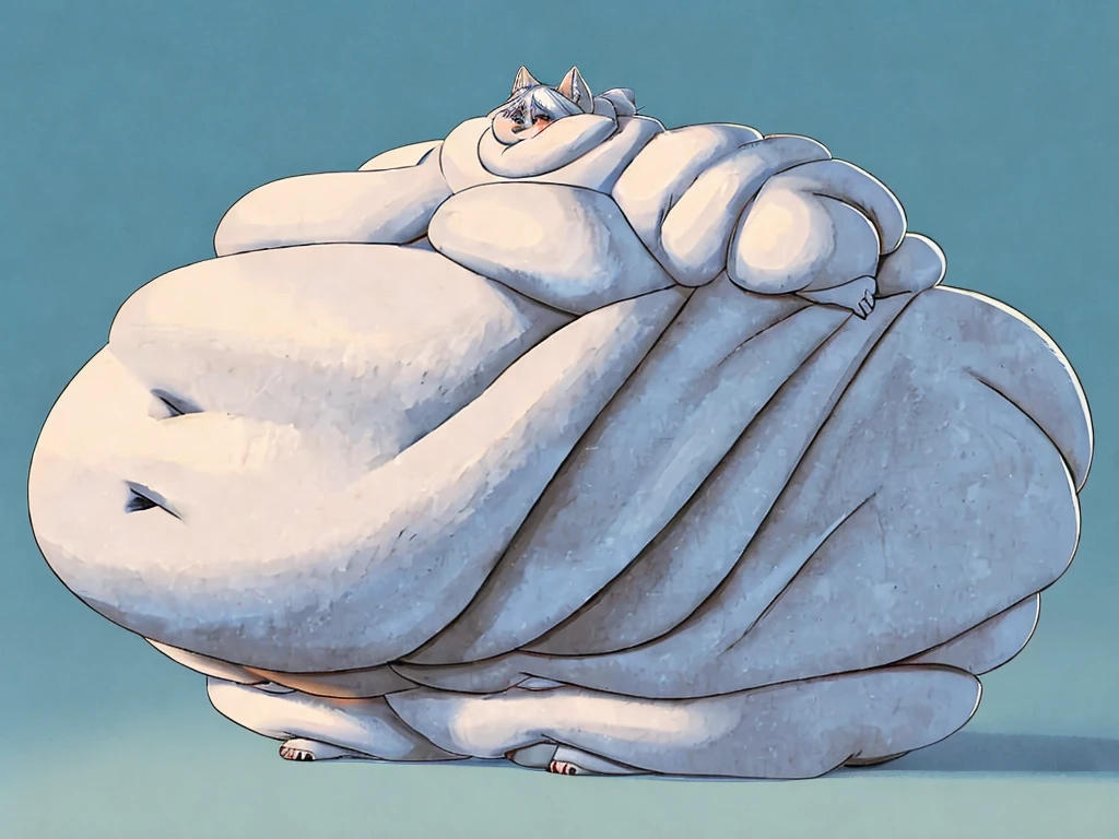 Arctic wolf, female, long messy white hair, huge hips, huge thighs, plump, voluptuous,huge breasts, morbidly obese, huge belly, belly rolls, fat arms, fat legs,fat rolls,fat neck, chubby cheeks, double chin