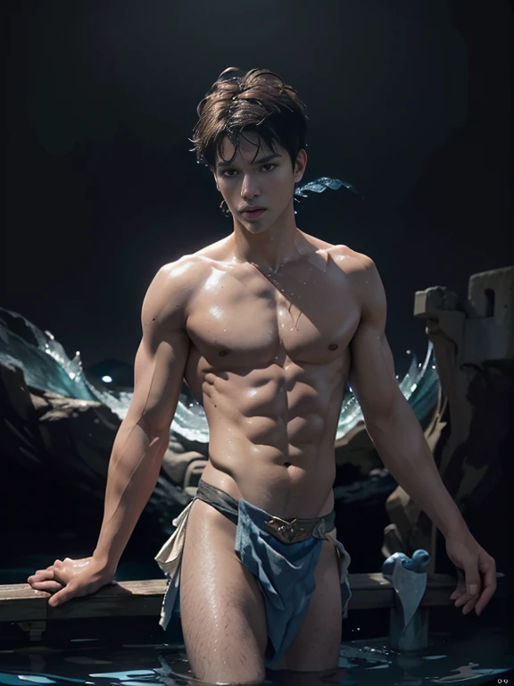 ((masterpiece)),((best quality)),8k, high detailed, ultra-detailed, Stylish Pose, real skin texture, dark cinematic lighting, 18-year-old italian male model, handsome, cute looking, divine look, powerful , (blue eyes:1.4), (god Poseidon:1.3), god of the seas, Neptune, godly, hydrokinesis, bending water, displaying the ability to manipulate water, creating massive waves and bend water:1.5), white pale skin, roman god physic, intense, (dry short hair:1.8), (dry short brown messy hair, strong jawline, masculine, muscular, defined fit body, hairless chest, shirtless, pantless, barechested, topples, barelegged, open sea, (under the water:1.4), sinister aesthetic, black storm clouds, lightning clouds, deep blue ocean waves, (night dark storm:1.6), barelegged, barefoot, antique cloth, antique linen spartan skirt, (sexy low-rise loincloth:1.6) (sexy, linen antique draped cloth:1.3),,,,,(dark background:1.5), dim light, dark atmosphere, cinematic lighting, Depth of field, award-winning photography, elegant, hyperrealistic, octane render, unreal, high definition, 8k resolution, highly detailed, 8k uhd, professional lighting, photon mapping, radiosity, physically-based rendering