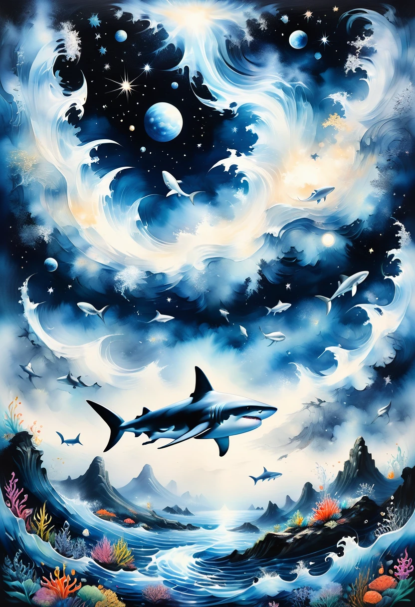 Black and white minimalism,Undersea landscape,Many sharks,detailed pattern,Lovely,charming,masterpiece,detailed,Rendering,Oil paints,watercolor,general brushStrokes,Stroke,masterpiece,最高masterpiece,Beautiful starry sky