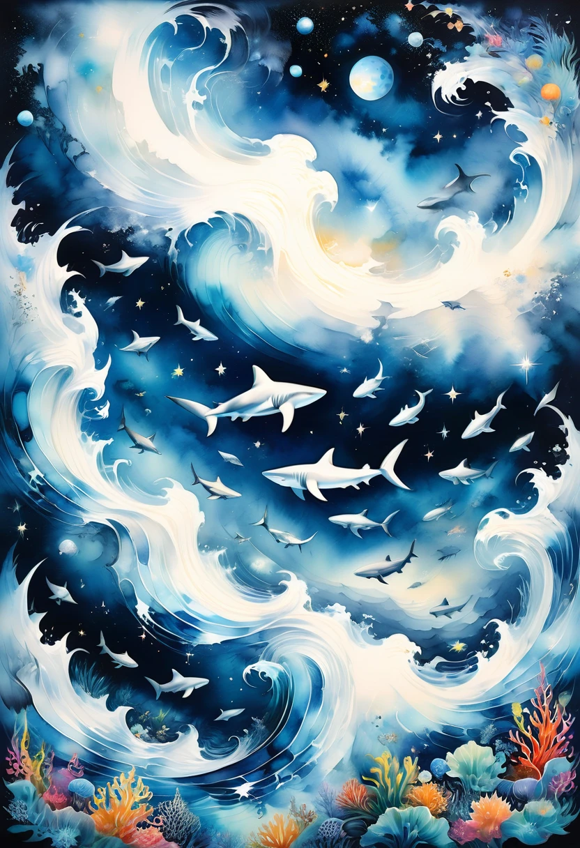 Black and white minimalism,Undersea landscape,Many sharks,detailed pattern,Lovely,charming,masterpiece,detailed,Rendering,Oil paints,watercolor,general brushStrokes,Stroke,masterpiece,最高masterpiece,Beautiful starry sky