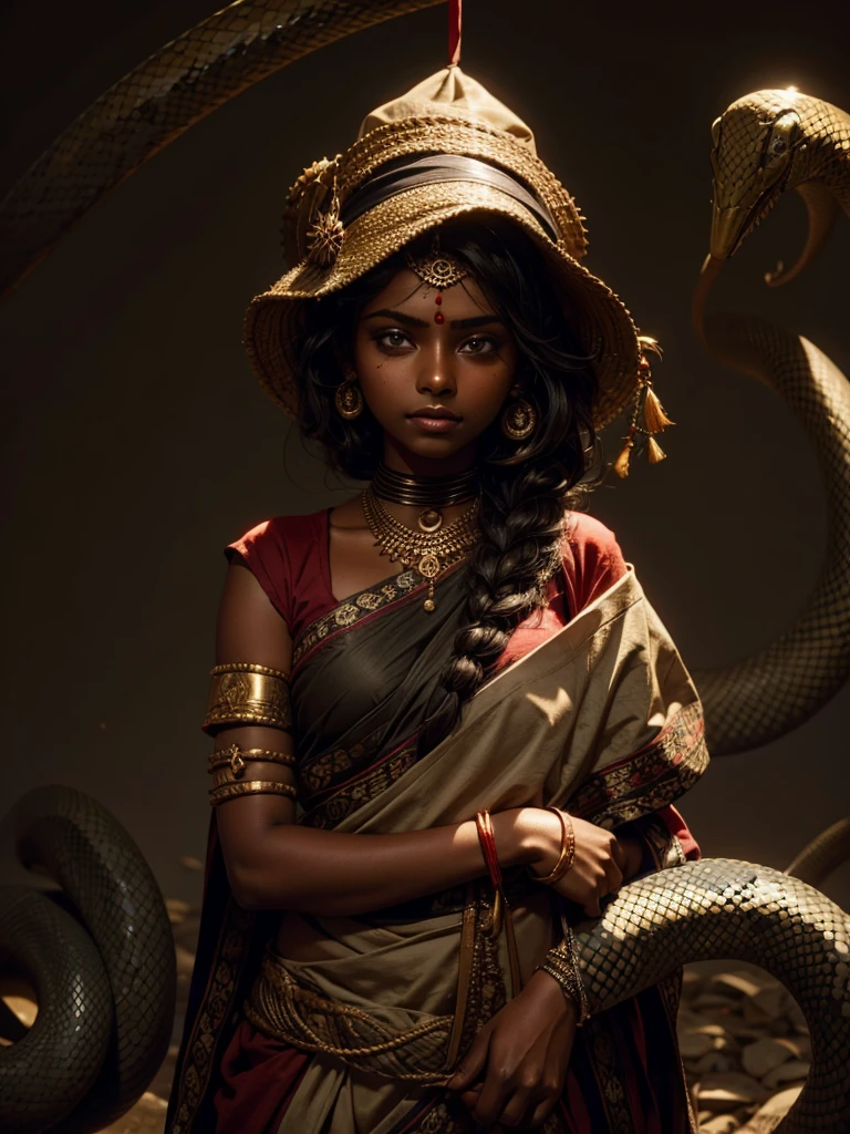 Dark skinned Indian girl , blind folded, snake background