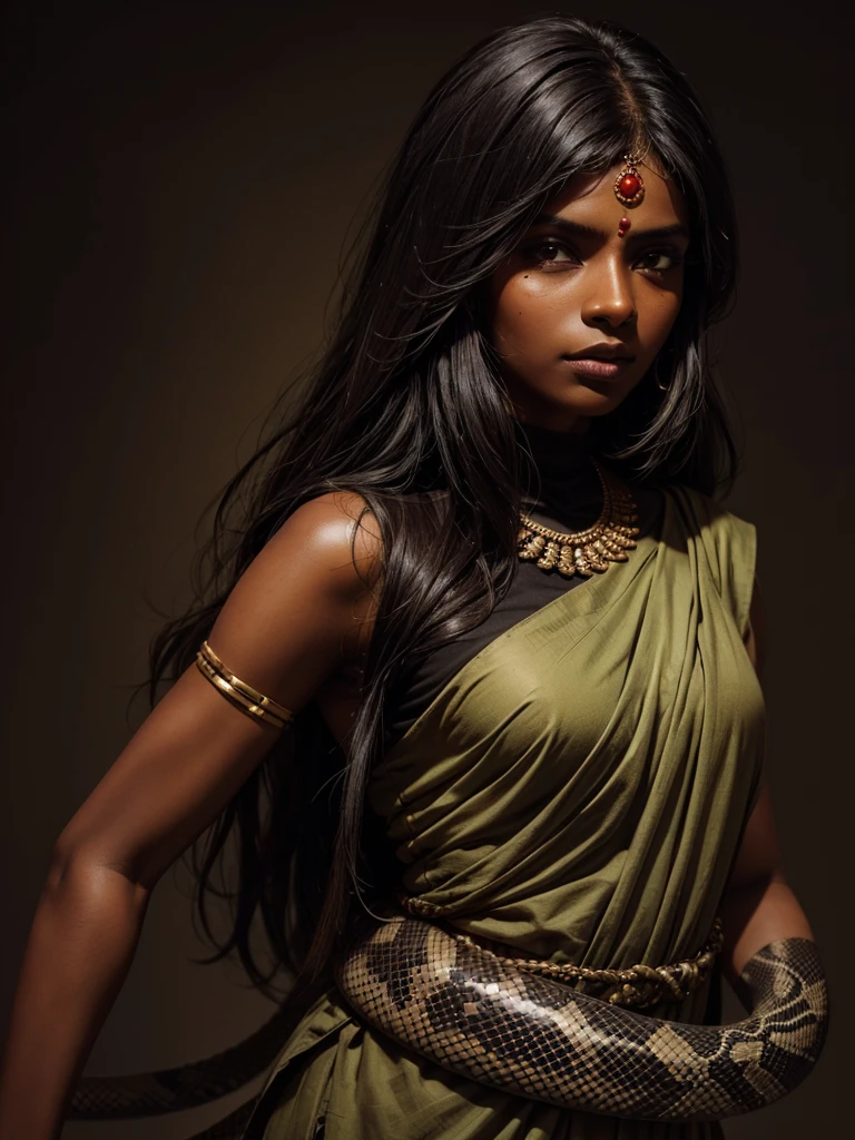 Dark skinned Indian girl , blind folded, snake background