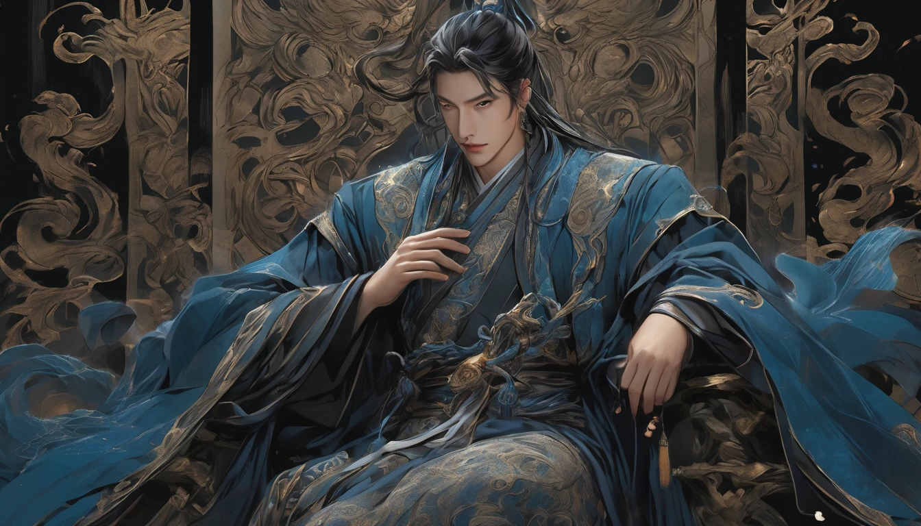 Line art drawing comic a perfect handsome male, Clear Face, A young man in his 18s, Beautiful, Hanfu, ((whole body)), Fine grain,villain, Detailed face,Perfect hand-crafted detail,Dark Background,darkness,Throne,
cast (unfathomable,Bamboo Flooring,Snake Fire Glass Panel Brownian Motion,Diagonal lines,Zenith angle,Dust storm,Superfluid,ball,oval ,Flowing magic:1.0)| Wizard, (Vibrant,Illuminate,Enthusiast,cycle,dark blue,Chrome Yellow Arcanum,Dazzling,shine ,liquid crystal,Space dust,Teleport,The Magic of Dashed Lines:1.0) Purification spell, Trace the symbol on the parchment with a quill, Precisely craft a spell, Astral Sparkle, Simple Positive XLv1, Ultra-high resolution, wallpaper, 8K,Richly textured details, Elevation, A magnificent composition, . graphic illustration, Comic art, graphic novel art, Vibrant, Very detailed . Professional, Sophisticated, Modern, Minimalist, graphic, Line art, vector graphics