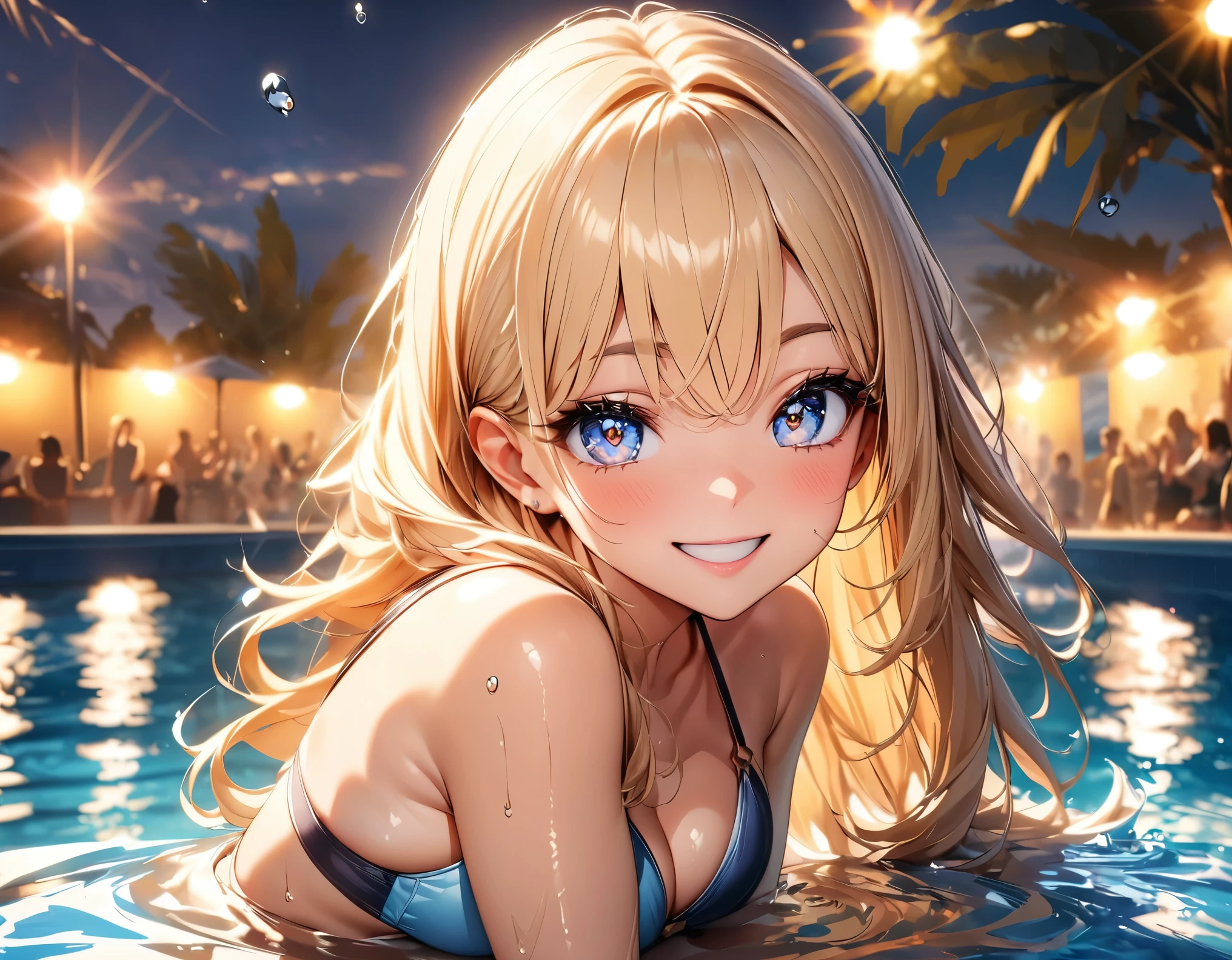 bikini美女のプールパーティ, Party Time, Beautiful detailed eyes, Beautiful detailed lips, Highly detailed eyes and face, Long eyelashes, bikini美女の曲線美, bikini, Pool Party, smile, Playful, Splash, Warm summer days, Golden Hour Lighting, Bright colors, Shiny skin, Water Drop, (Highest quality, High resolution, masterpiece:1.2), Super detailed, Studio Lighting, Bright colors, Bokeh