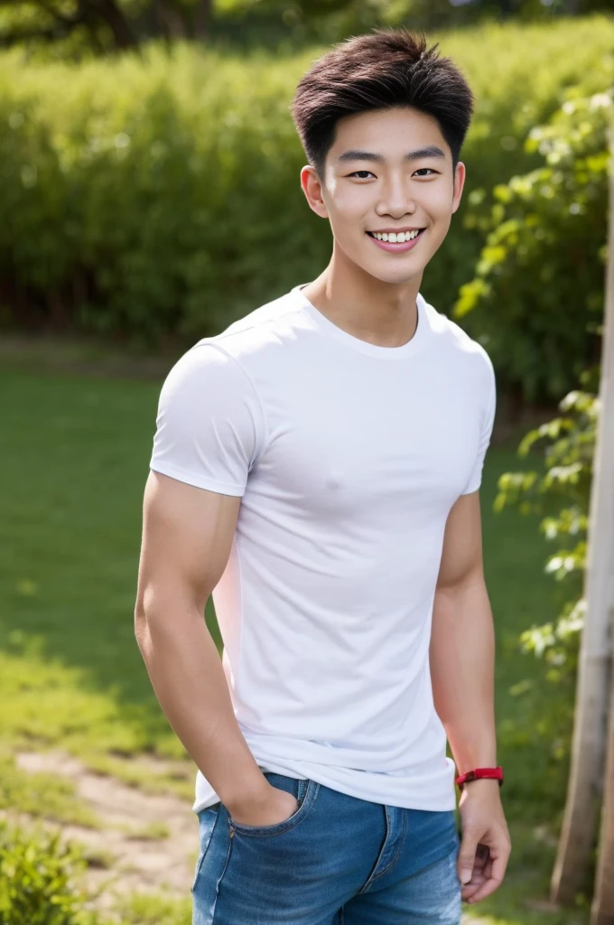 Young Korean man in a white t-shirt and jeans, A handsome, muscular young Asian man looks at the camera. In a simple black and red t-shirt. , Fieldside, grass, beach, sunlight, Carrying a camera, smiling