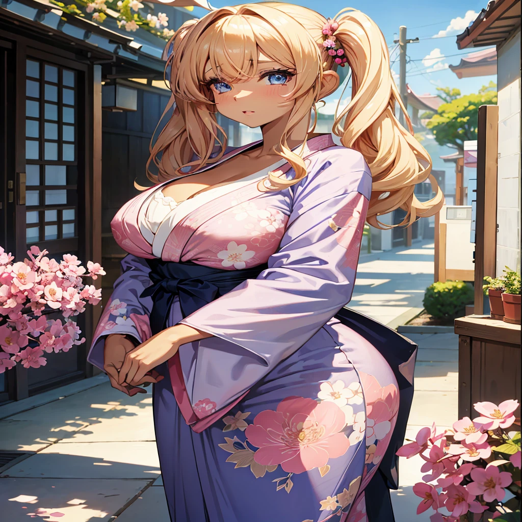 Twin tails, Asymmetrical Hairstyles, Stylish hairstyle, Pink and々Hair color, hair ornaments, blue eyes, Dark brown skin, Large Breasts, Big Ass, Wide hips, She is wearing a pink yukata with a floral pattern, Pink theme, Japanese atmosphere, Japanese garden, cherry blossoms, cherry blossoms木