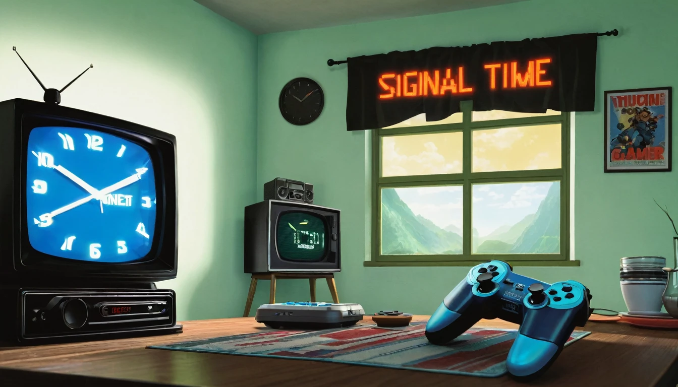 A digital illustration of a scene depicting limited time for a video gamer. A clock is shown in the foreground, with its hands moving rapidly in a countdown motion. Nearby, a video game controller is casually tossed on a table. In the background, an old tube TV is turned on but displaying static, indicating it's out of signal. The atmosphere should evoke a sense of urgency and nostalgia, with a focus on the fleeting nature of time.