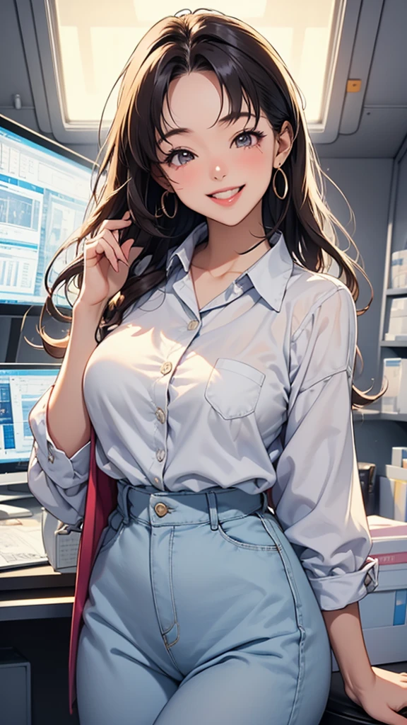 office worker, (Office Casual) Stylish clothing, With a smile, (She expressed her joy), Beautiful and smiling, Laugh gently, Cute smile, 美しいWith a smile, happy and bright look, And she laughs,very happy,(masterpiece、Highest quality)、Best details