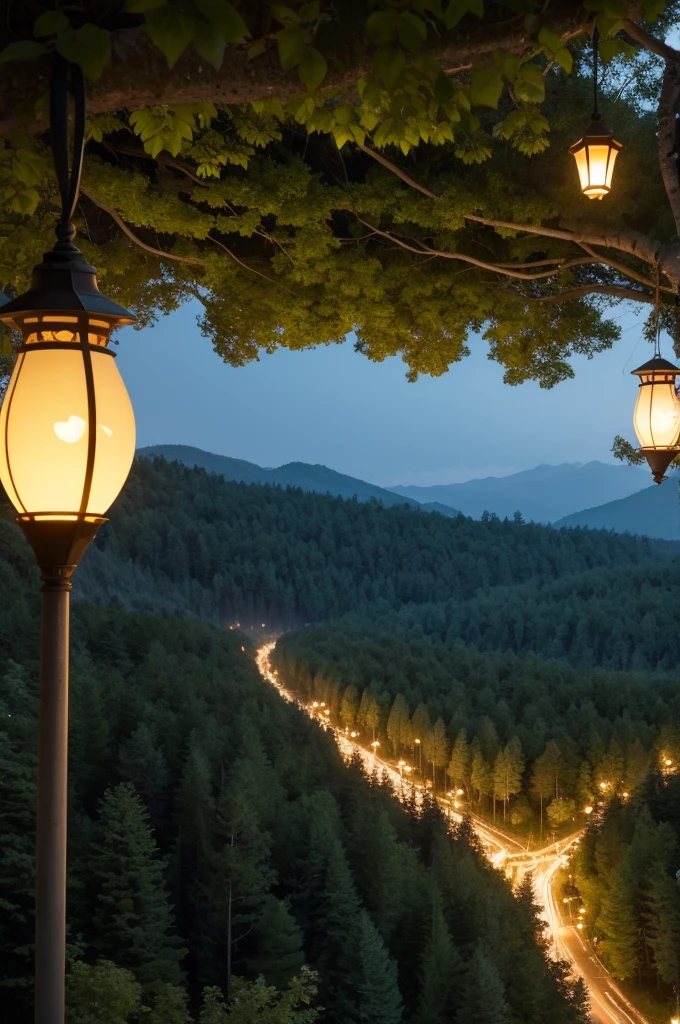 Paradise city in the forest suspended on a mountain, ultra realisitic, illumination of lamps and people from afar 