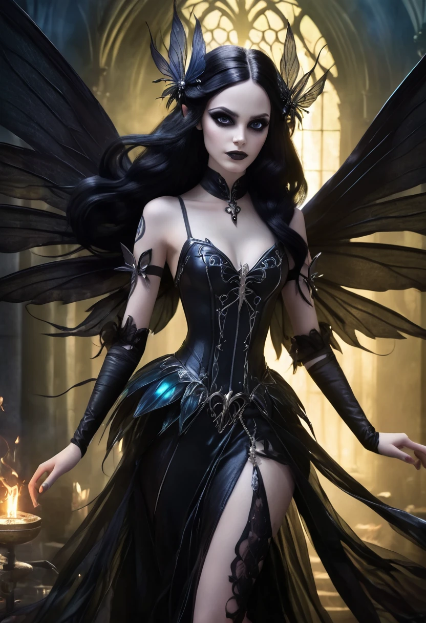 Anime personage, A beautiful ethereal cute dak fairy, gothic aethestics, smoke effects, dark long hairr, deep dark fairy wings, big detailed eyes. The scene is rich with dark fantasy elements, dramatic lighting, Captured in a dramatic and cinematic style, in dinamic composition, the image blends video game art illustration with movie picture influences.