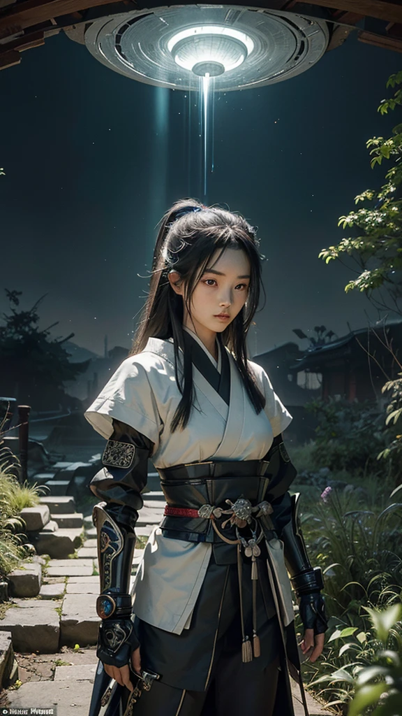 **Prompt Title: "Celestial Samurai of the Lost Epoch"**
**Setting:** A futuristic, post-apocalyptic world where remnants of ancient Japan meet advanced technology.
**Description:** In a vast landscape where cherry blossom trees intertwine with cybernetic architecture, a lone samurai stands at the forefront of a ruined temple. The sky above is a mesmerizing blend of twilight hues, with auroras dancing across the heavens. The samurai's armor is a mix of traditional Japanese design and high-tech enhancements, glowing softly with neon blue and purple circuits. His katana, forged from a mysterious alloy, emanates an ethereal light, ready to cut through both time and space.
**Character Details:**
- **Protagonist:** A young, enigmatic samurai with a stoic expression, his eyes reflecting the lost histories and future possibilities. His hair, long and silver, flows gently in the wind, contrasting with the sharp, angular lines of his armored suit.
- **Companion:** A small, floating AI drone resembling a mystical fox spirit, its holographic body shimmering with ancient runes and modern digital codes.
**Background Elements:**
- **Ruined Temple:** Overgrown with bioluminescent flora, the temple’s structure merges Shinto architecture with futuristic elements. Holographic scrolls float around, displaying forgotten legends.
- **Sky:** A stunning blend of twilight blues, purples, and greens, with the Milky Way visible alongside futuristic satellites and distant space stations.
- **Environment:** The ground is a mosaic of cracked earth and technological remnants, with streams of digital data flowing like rivers, creating an eerie yet beautiful contrast.
**Art Style:** Hyper-detailed, with a focus on the interplay between traditional Japanese aesthetics and advanced technology. Vibrant, high-contrast colors with meticulous attention to light and shadow to create a dynamic, immersive scene.