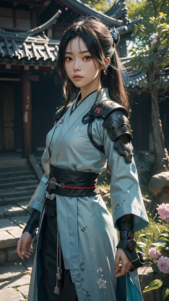 **Prompt Title: "Celestial Samurai of the Lost Epoch"**
**Setting:** A futuristic, post-apocalyptic world where remnants of ancient Japan meet advanced technology.
**Description:** In a vast landscape where cherry blossom trees intertwine with cybernetic architecture, a lone samurai stands at the forefront of a ruined temple. The sky above is a mesmerizing blend of twilight hues, with auroras dancing across the heavens. The samurai's armor is a mix of traditional Japanese design and high-tech enhancements, glowing softly with neon blue and purple circuits. His katana, forged from a mysterious alloy, emanates an ethereal light, ready to cut through both time and space.
**Character Details:**
- **Protagonist:** A young, enigmatic samurai with a stoic expression, his eyes reflecting the lost histories and future possibilities. His hair, long and silver, flows gently in the wind, contrasting with the sharp, angular lines of his armored suit.
- **Companion:** A small, floating AI drone resembling a mystical fox spirit, its holographic body shimmering with ancient runes and modern digital codes.
**Background Elements:**
- **Ruined Temple:** Overgrown with bioluminescent flora, the temple’s structure merges Shinto architecture with futuristic elements. Holographic scrolls float around, displaying forgotten legends.
- **Sky:** A stunning blend of twilight blues, purples, and greens, with the Milky Way visible alongside futuristic satellites and distant space stations.
- **Environment:** The ground is a mosaic of cracked earth and technological remnants, with streams of digital data flowing like rivers, creating an eerie yet beautiful contrast.
**Art Style:** Hyper-detailed, with a focus on the interplay between traditional Japanese aesthetics and advanced technology. Vibrant, high-contrast colors with meticulous attention to light and shadow to create a dynamic, immersive scene.