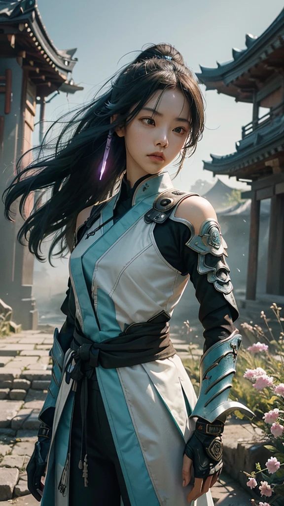 

**Prompt Title: "Celestial Samurai of the Lost Epoch"**

**Setting:** A futuristic, post-apocalyptic world where remnants of ancient Japan meet advanced technology.

**Description:** In a vast landscape where cherry blossom trees intertwine with cybernetic architecture, a lone samurai stands at the forefront of a ruined temple. The sky above is a mesmerizing blend of twilight hues, with auroras dancing across the heavens. The samurai's armor is a mix of traditional Japanese design and high-tech enhancements, glowing softly with neon blue and purple circuits. His katana, forged from a mysterious alloy, emanates an ethereal light, ready to cut through both time and space.

**Character Details:**
- **Protagonist:** A young, enigmatic samurai with a stoic expression, his eyes reflecting the lost histories and future possibilities. His hair, long and silver, flows gently in the wind, contrasting with the sharp, angular lines of his armored suit.
- **Companion:** A small, floating AI drone resembling a mystical fox spirit, its holographic body shimmering with ancient runes and modern digital codes.

**Background Elements:**
- **Ruined Temple:** Overgrown with bioluminescent flora, the temple’s structure merges Shinto architecture with futuristic elements. Holographic scrolls float around, displaying forgotten legends.
- **Sky:** A stunning blend of twilight blues, purples, and greens, with the Milky Way visible alongside futuristic satellites and distant space stations.
- **Environment:** The ground is a mosaic of cracked earth and technological remnants, with streams of digital data flowing like rivers, creating an eerie yet beautiful contrast.

**Art Style:** Hyper-detailed, with a focus on the interplay between traditional Japanese aesthetics and advanced technology. Vibrant, high-contrast colors with meticulous attention to light and shadow to create a dynamic, immersive scene.