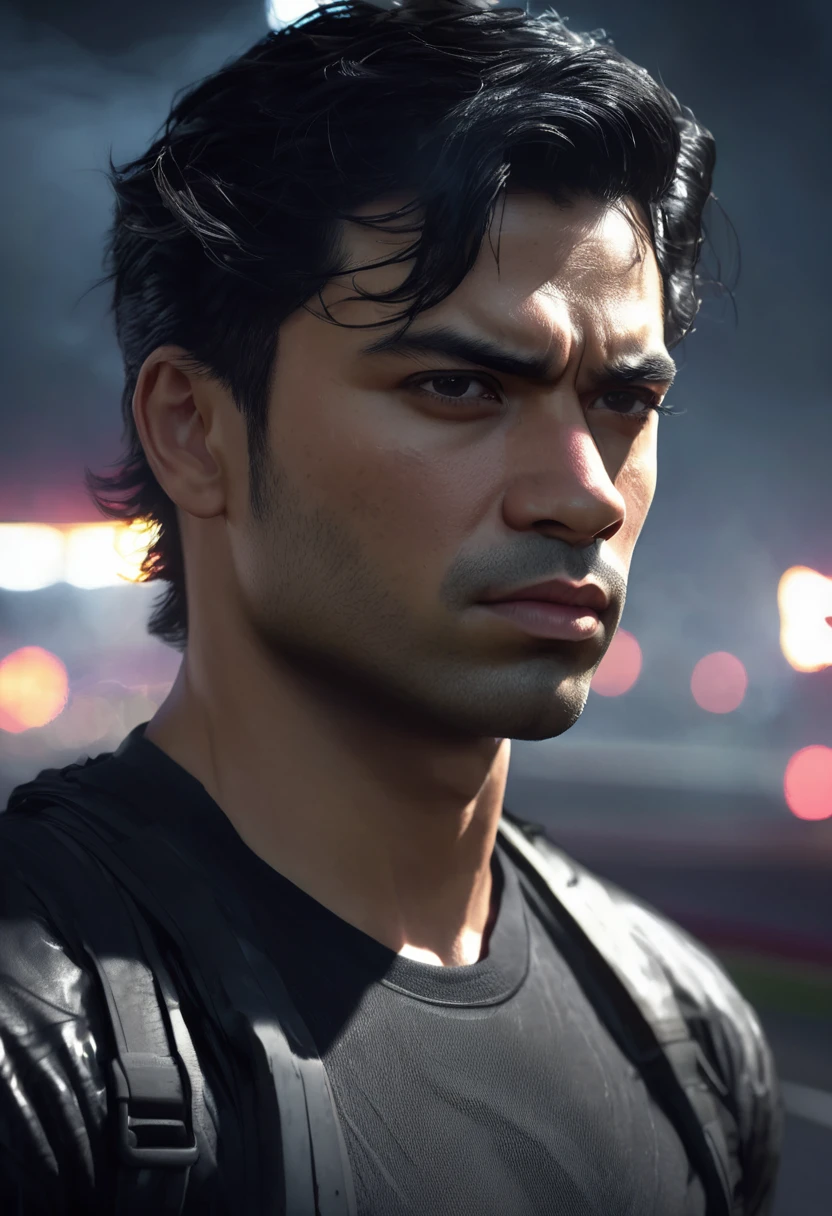 1 man, inside a clandestine race track, wearing a black shirt, detailed facial features, beautiful black and masculine, detailed light skin, medium-sized black hair wavy and messy, strong expression, dramatic lighting, cinematic composition, cold color palette and dark colors , atmospheric fog, strong chin, manly man, night, (best quality, 4K, 8K, high resolution, art: 1.2), ultra-detailed, (realistic, photorealistic, photorealistic: 1.37)
